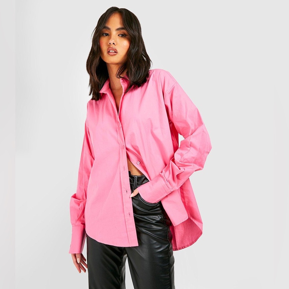 ZARA Fuchsia Pink 100% Cotton Basic Poplin Oversized Button Down Women's size L